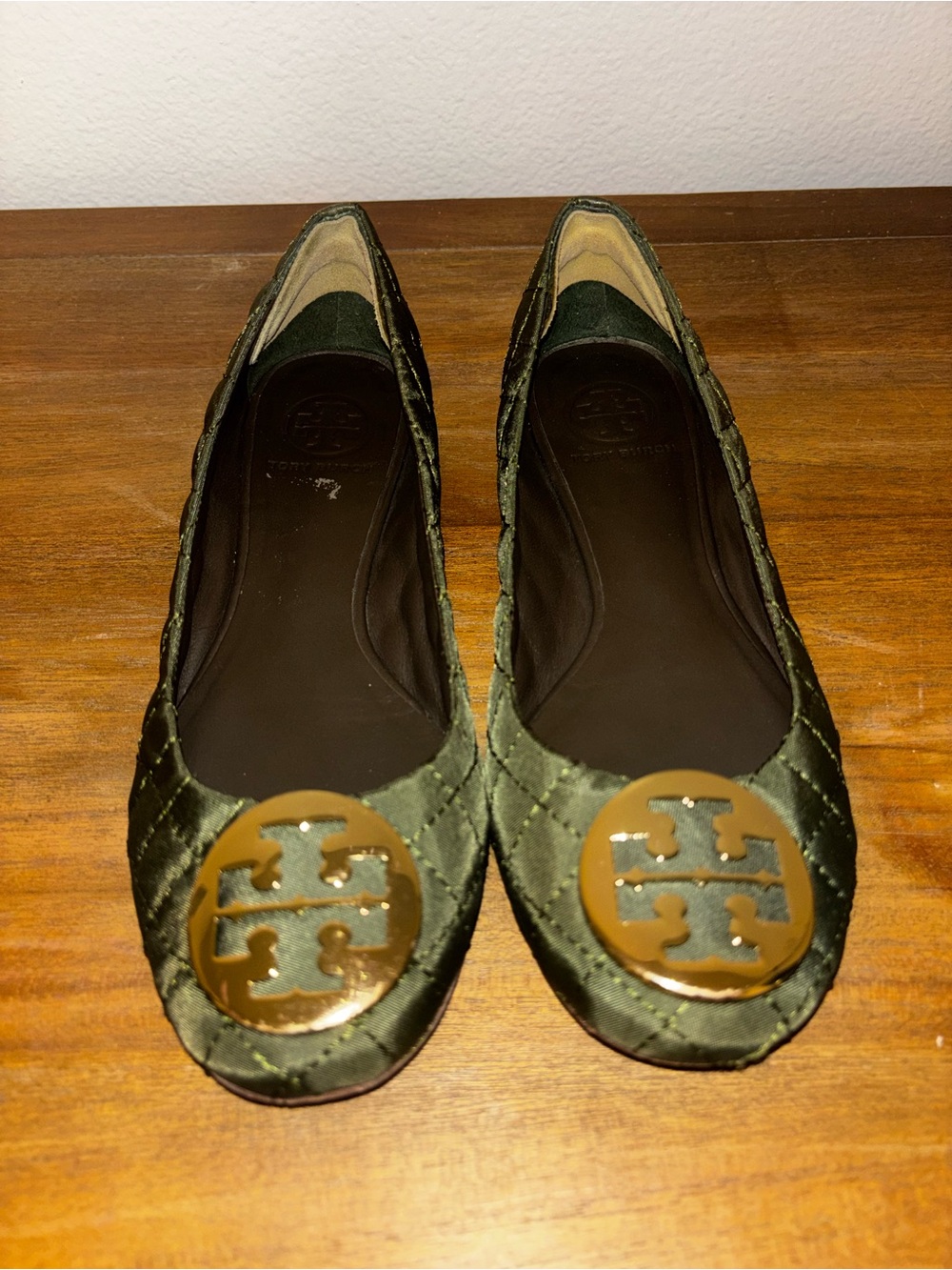 Tory Burch Quilted Olive Green Logo Round-Toe Flats